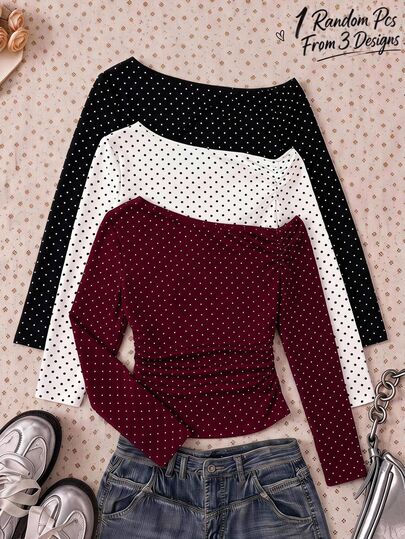 Tween Girls T-Shirts Asymmetrical Kids Shoulder Long Sleeve Y2K Christmas Halloween Elastic Knit Red Polka Dot Tween Girl