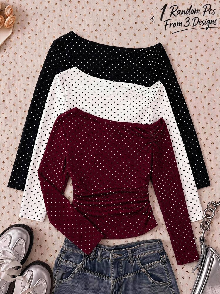 Kaos Anak Perempuan Remaja Model Bahu Asimetris Lengan Panjang Gaya Y2K Natal Halloween Rajutan Elastis Polkadot Merah - Burgundy - View 4