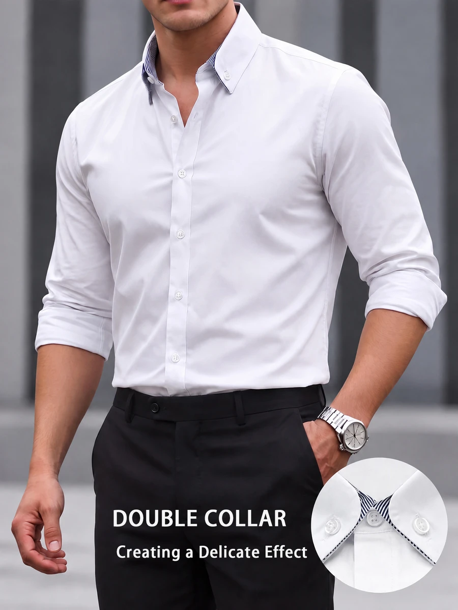 Manfinity Bizformal Men's Long Sleeve Shirt, Fine Striped Contrast Color Double Layer Collar Design, Suitable For Daily Commute, Casual, Party And Various Occasions - White - View 1