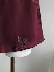 Elamini 新款中式性感透明刺绣绿色女式 A 字短裙 - 酒紅色 - 查看 5