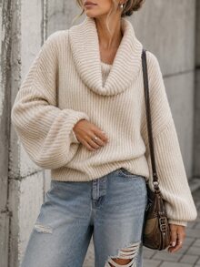 Elafinee Sweater Rajut Waffle Tebal Bergaris untuk Wanita, Ukuran Besar, Kerah Lipat Lebar, Bahu Jatuh, Lengan Panjang Model Lentera, Manset dan Ujung Bawah Bergaris, Model Longgar - Aprikot - View 3