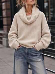 Elafinee Sweater Rajut Waffle Tebal Bergaris untuk Wanita, Ukuran Besar, Kerah Lipat Lebar, Bahu Jatuh, Lengan Panjang Model Lentera, Manset dan Ujung Bawah Bergaris, Model Longgar - Aprikot - View 8