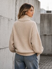 Elafinee Sweater Rajut Waffle Tebal Bergaris untuk Wanita, Ukuran Besar, Kerah Lipat Lebar, Bahu Jatuh, Lengan Panjang Model Lentera, Manset dan Ujung Bawah Bergaris, Model Longgar - Aprikot - View 2