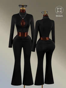 Amplova Women's Solid Color Long Sleeve Zipper Front Top And Flare Pants Sports Set - Black - View 1