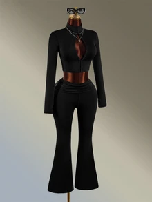 Amplova Women's Solid Color Long Sleeve Zipper Front Top And Flare Pants Sports Set - Black - View 6