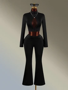 Amplova Women's Solid Color Long Sleeve Zipper Front Top And Flare Pants Sports Set - Black - View 4
