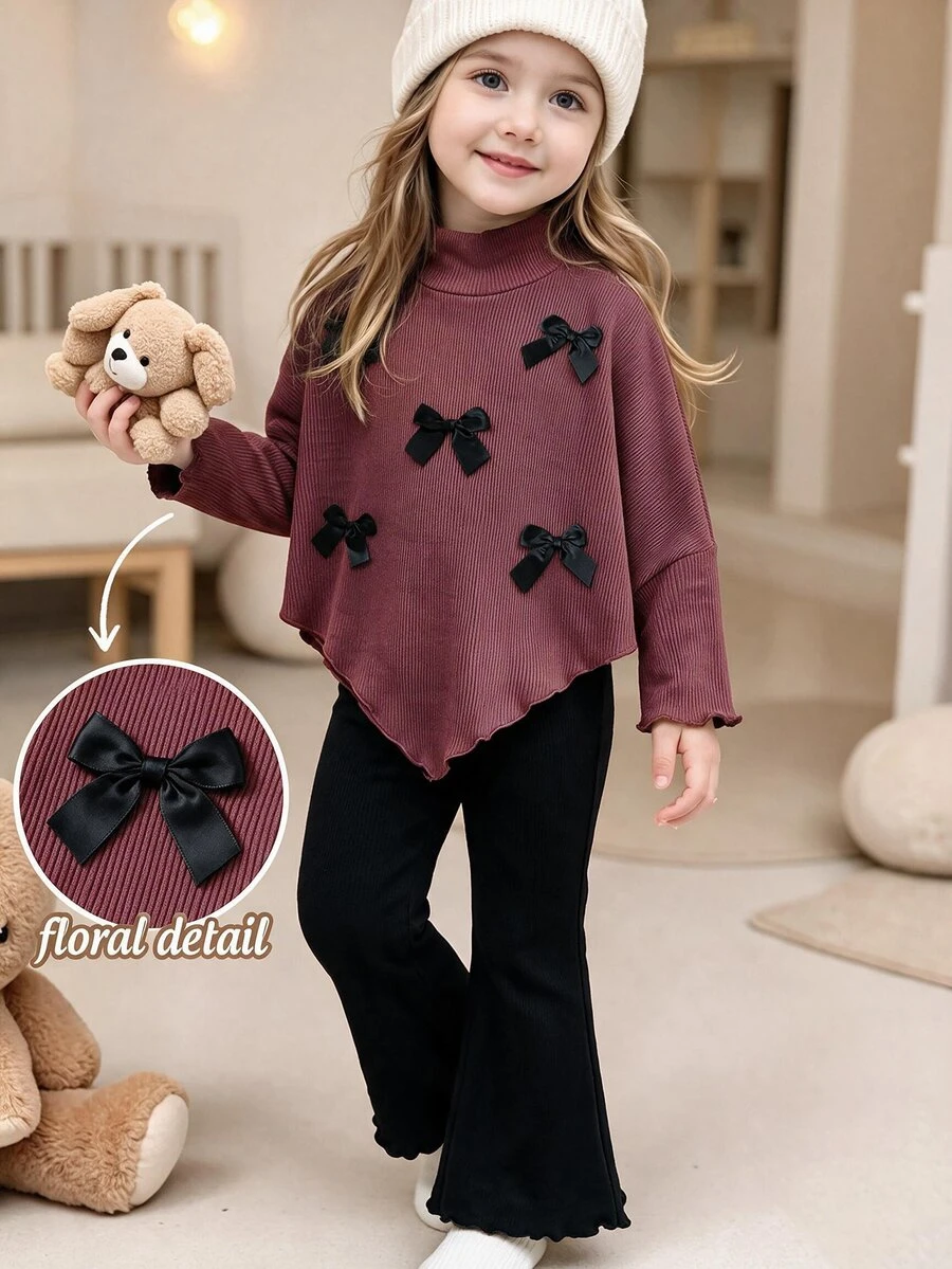 SHEIN Young Girls 2pcs Autumn/Winter 3D Bow Decor Ribbed Mock Neck Asymmetrical Top And Black Bell Bottom Flare Pants Casual Outfits Fall Clothing - Brown - View 1