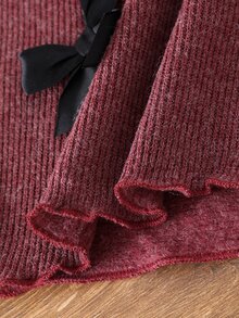 SHEIN 女童 2件組 秋冬 3D蝴蝶結裝飾 羅紋小高領不對稱上衣與黑色喇叭褲休閒套裝 秋季服飾 - 棕色 - 查看 5