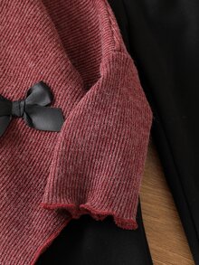 SHEIN 女童 2件組 秋冬 3D蝴蝶結裝飾 羅紋小高領不對稱上衣與黑色喇叭褲休閒套裝 秋季服飾 - 棕色 - 查看 9
