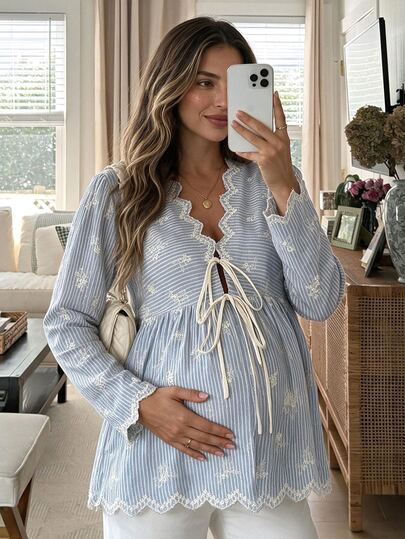 SHEIN Camisa Casual de Uso Diário com Estampa Floral Bordada Listrada para Gestantes, Outono