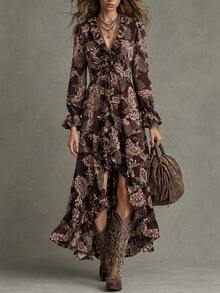 SHEIN Paisley Print Ruffle V-Neck Asymmetrical Hem Bohemian Boho Western Long Dress For Women, Fall/ Vacation Dark Brown - Coffee Brown - View 4