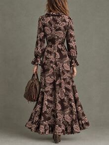 SHEIN Paisley Print Ruffle V-Neck Asymmetrical Hem Bohemian Boho Western Long Dress For Women, Fall/ Vacation Dark Brown - Coffee Brown - View 2