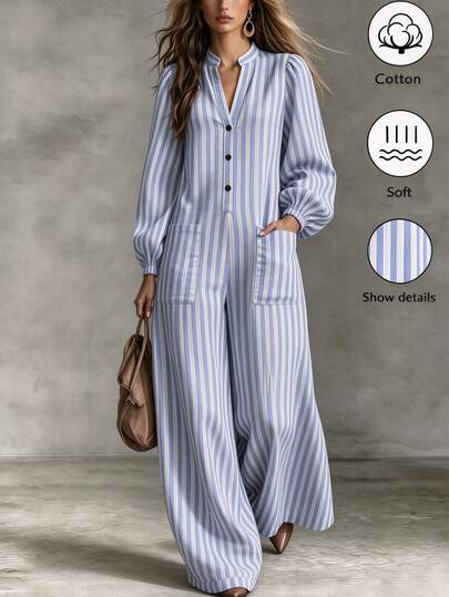 SHEIN Autumn Elegant French Vintage Long Sleeve Blue & White Striped Loose Jumpsuit, High Waist Wide Leg Pocket, Summer Commute Casual Everyday Jumpsuit
