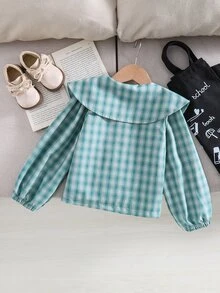 SHEIN Playful Pals 女童韓式復古可愛彼得潘領紅白格紋燈籠袖襯衫，適合返校、日常休閒穿著，秋冬款 - 綠色 - 查看 2