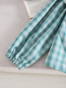 SHEIN Playful Pals 女童韓式復古可愛彼得潘領紅白格紋燈籠袖襯衫，適合返校、日常休閒穿著，秋冬款 - 綠色 - 查看 4