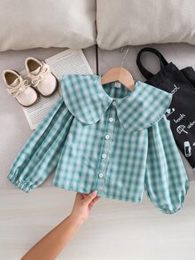 SHEIN Playful Pals 女童韓式復古可愛彼得潘領紅白格紋燈籠袖襯衫，適合返校、日常休閒穿著，秋冬款 - 綠色 - 查看 1