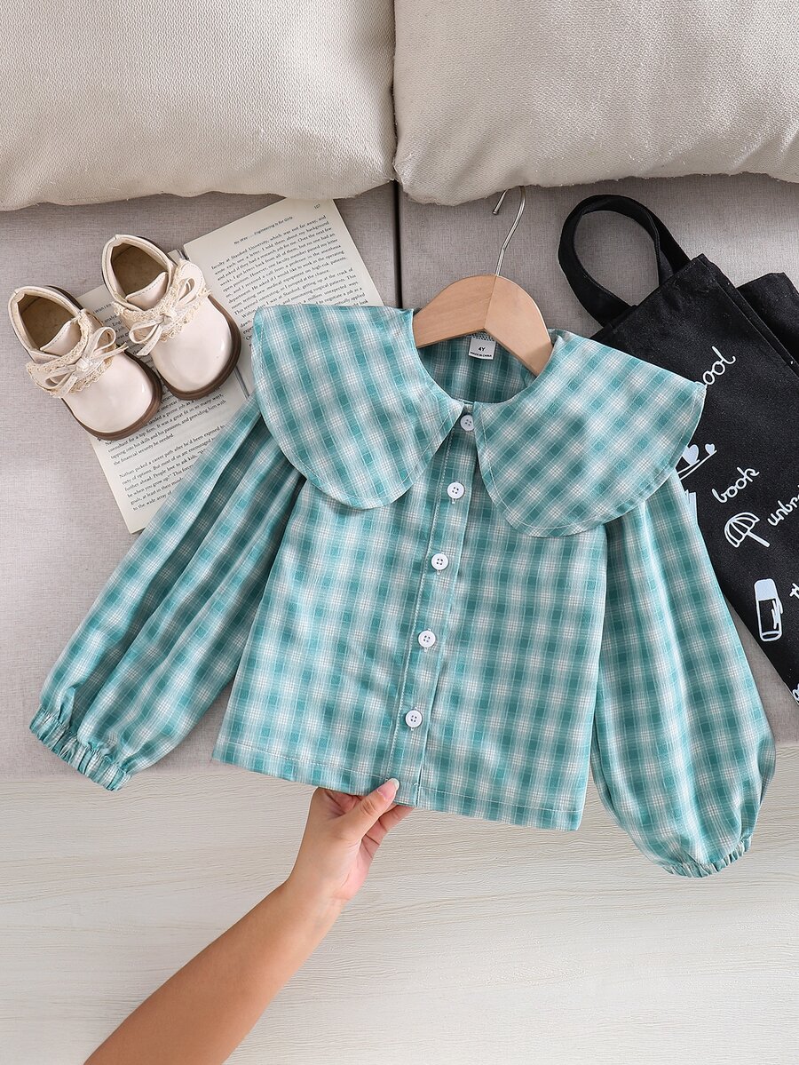 SHEIN Playful Pals 女童韓式復古可愛彼得潘領紅白格紋燈籠袖襯衫,適合返校、日常休閒穿著,秋冬款 - 綠色 - 查看 1