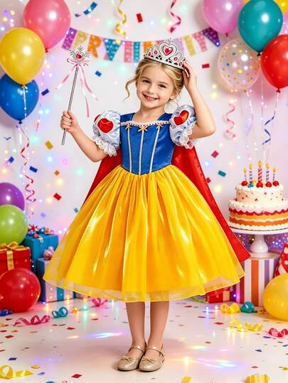 SHEIN Glamorique Kids Vestido de Princesa para Niñas, Vestido de Princesa Azul, Manga Abullonada, Vestido Tutú Amarillo, Fiesta de Cumpleaños, Vestido de Boda y Vacaciones, Ropa de Fiesta, Lazo, Encaje, Cinta, Vestido Lujoso, Capa Roja, Oriente Medio, Europa y América