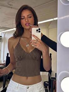 Aloruh Elegantes Damen-Urlaubs-Tanktop in Braun mit Streifen, rückenfrei, Y2K Hot Girl, für Musikfestival, Clubbing und Gyaru - Braun - Übersicht 3