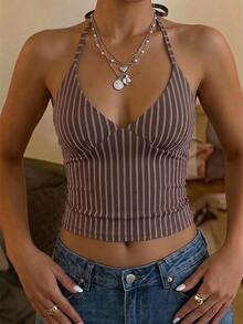 Aloruh Elegantes Damen-Urlaubs-Tanktop in Braun mit Streifen, rückenfrei, Y2K Hot Girl, für Musikfestival, Clubbing und Gyaru - Braun - Übersicht 1