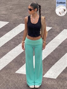 Muchica Women's Mouse Green Striped Pleated Waist Casual Flare Pants - Green - View 4