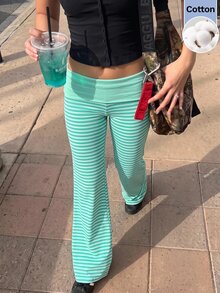 Muchica Women's Mouse Green Striped Pleated Waist Casual Flare Pants - Green - View 6