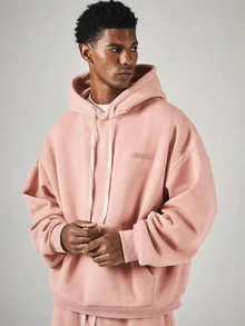 SUMWON Hoodie Pullover Ukuran Besar dengan Logo Bordir di Dada, Tudung dengan Tali Serut, Manset Bergaris, Gaya Streetwear Kasual - Berwarna merah muda - View 1