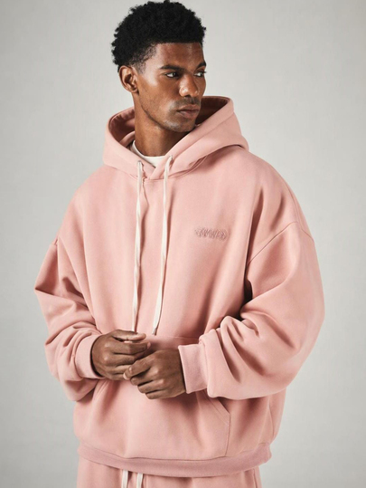 SUMWON Áo hoodie chui đầu oversize thêu logo trước ngực, mũ có dây rút, bo tay gân, phong cách streetwear thường ngày