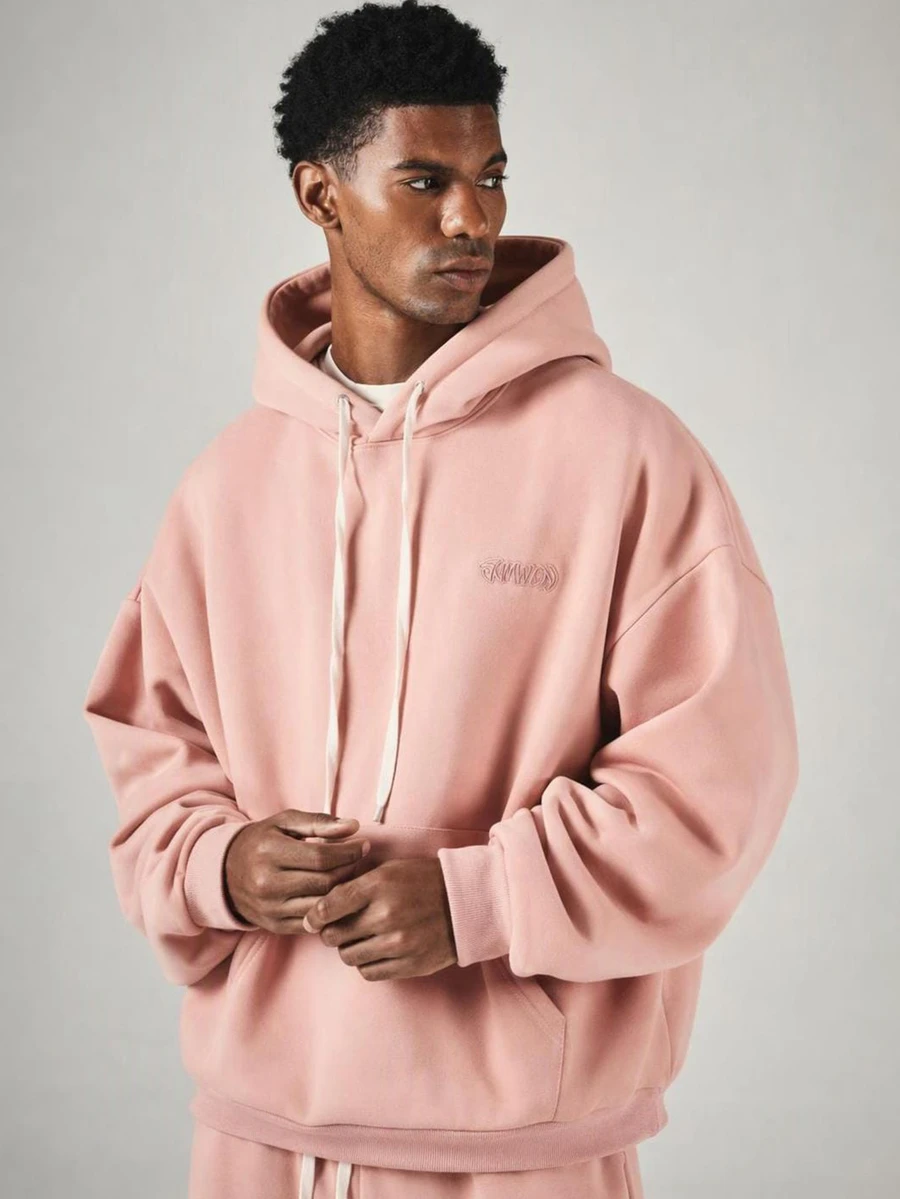 SUMWON Hoodie Pullover Ukuran Besar dengan Logo Bordir di Dada, Tudung dengan Tali Serut, Manset Bergaris, Gaya Streetwear Kasual - Berwarna merah muda - View 1