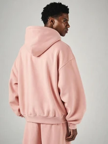 SUMWON Hoodie Pullover Ukuran Besar dengan Logo Bordir di Dada, Tudung dengan Tali Serut, Manset Bergaris, Gaya Streetwear Kasual - Berwarna merah muda - View 5