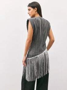 Maija Women's Black And White Houndstooth Sequin Top With Tassel Hem For Holiday Party Night Out Summer Elegant - Silver - View 2
