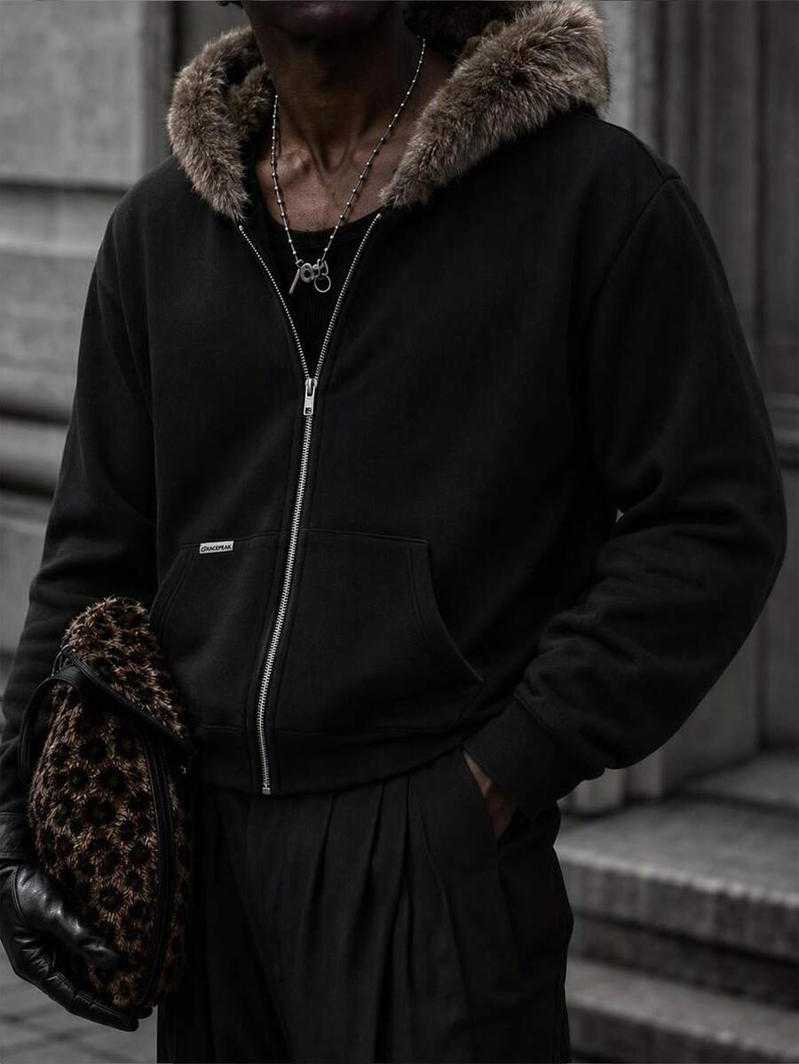 Mainfolk 美式黑色毛領連帽修身短版運動衫 男款 Y2K 風格 小眾設計 春季保暖內裡 - 鵝黃色 - 查看 1