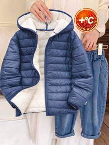 SHEIN 青少年男孩連帽保暖內裡加厚海軍藍夾克，秋冬款，絎縫外套，冬季外套，派克大衣，填充外套 - 藏蓝色 - 查看 2