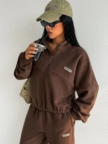 SHEIN Dewbera Women's Solid Color Fleece Half-Zip Sweatshirt, Loose Fit Stand Collar Long Sleeve Casual Pullover Top, Autumn/Winter - Brown - View 5