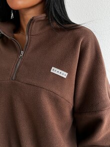 SHEIN Dewbera Women's Solid Color Fleece Half-Zip Sweatshirt, Loose Fit Stand Collar Long Sleeve Casual Pullover Top, Autumn/Winter - Brown - View 6