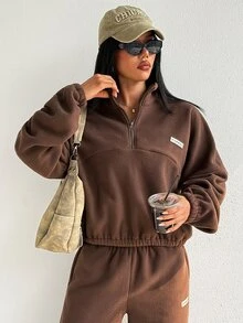 SHEIN Dewbera Women's Solid Color Fleece Half-Zip Sweatshirt, Loose Fit Stand Collar Long Sleeve Casual Pullover Top, Autumn/Winter - Brown - View 4