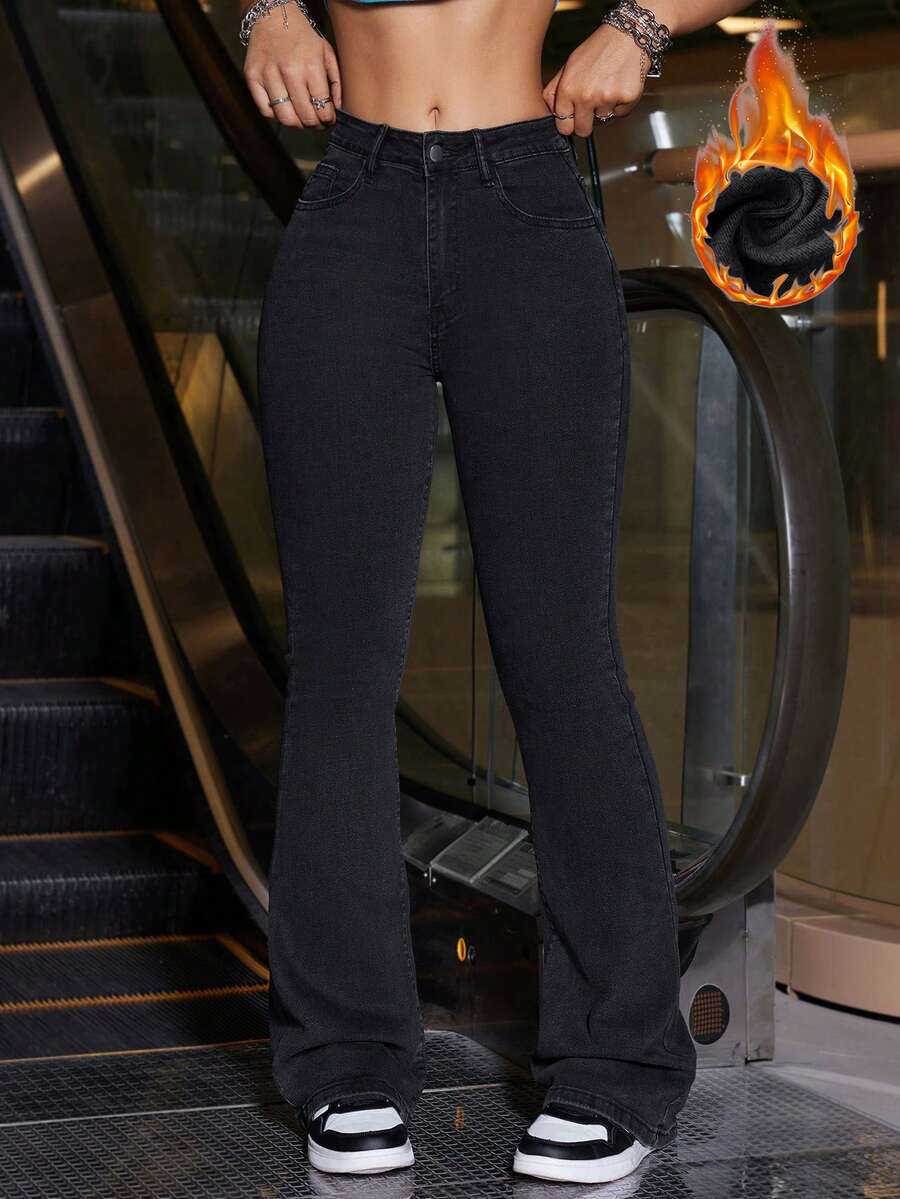 SHEIN ICON Women's Pocketed Flared Jeans With Thermal Lining, Casual & Versatile - Black - View 1