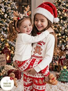 Tween Fall Girl Gingerbread Man Knitted Stretchy Snug Fit Print Christmas Pajamas Snowflake Sets Are Sold Separately Home Night Red Cute - Red - View 8