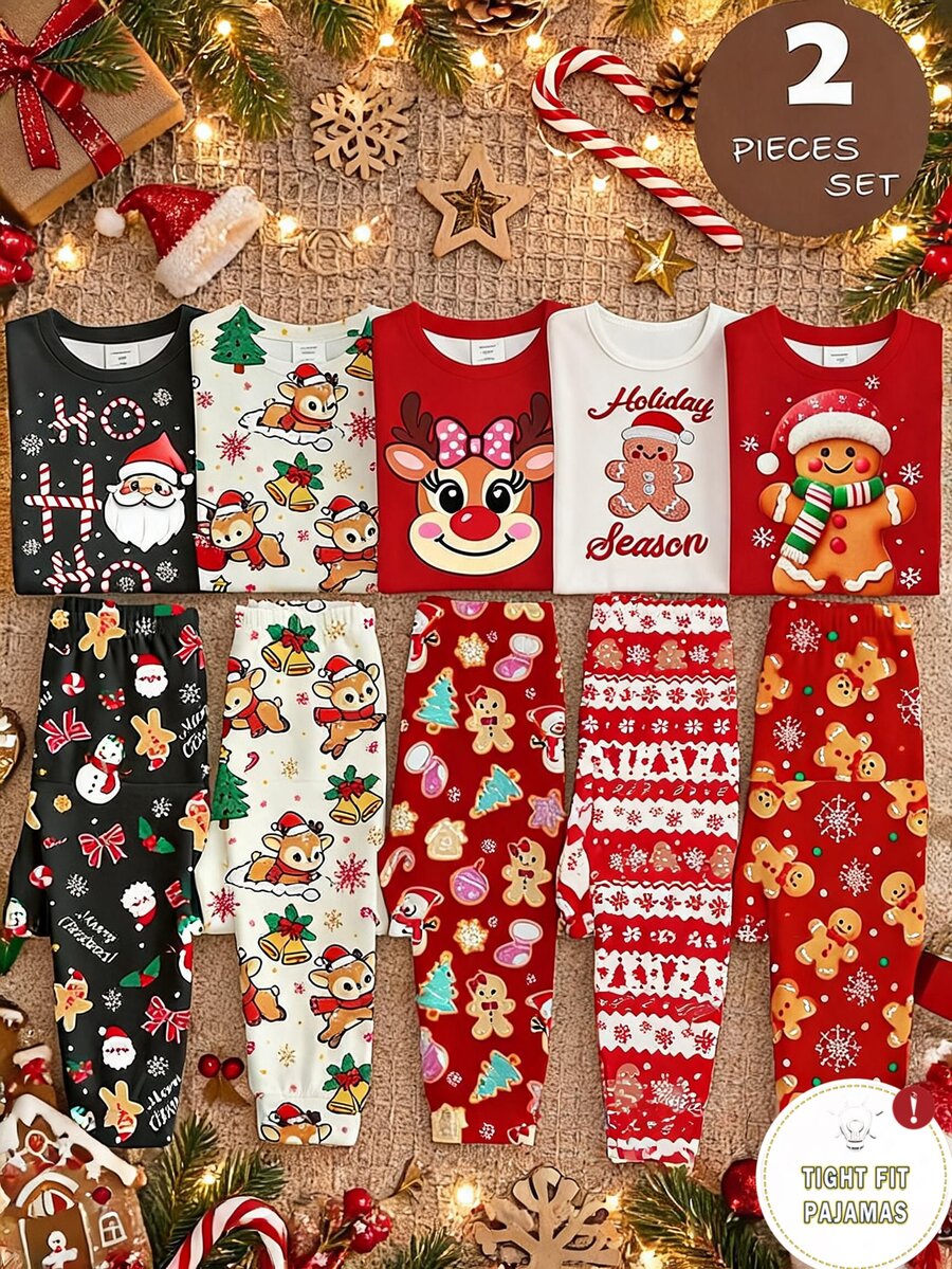 Tween Fall Girl Gingerbread Man Knitted Stretchy Snug Fit Print Christmas Pajamas Snowflake Sets Are Sold Separately Home Night Red Cute - Red - View 1