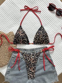 SHEIN Swim Women's 2-Piece Tropical Sexy Leopard Print Bikini Set With Metal Accents, Vacation Casual - Multicolor - View 2