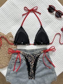 SHEIN Swim Women's 2-Piece Tropical Sexy Leopard Print Bikini Set With Metal Accents, Vacation Casual - Multicolor - View 3