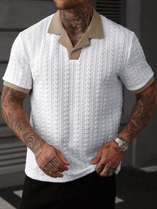 EGENSIO Men's Contrast Color Textured Short Sleeve Casual Polo Shirt - White - View 5