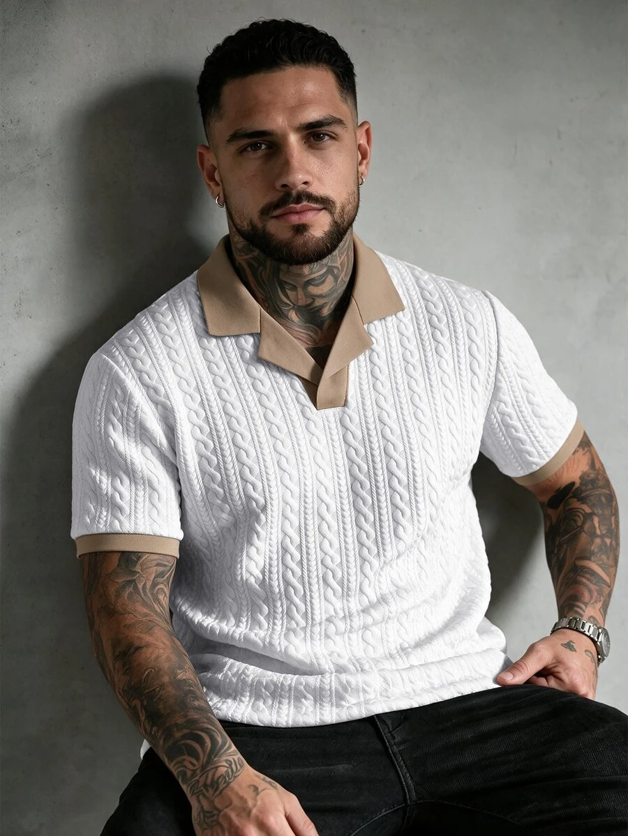 EGENSIO Men's Contrast Color Textured Short Sleeve Casual Polo Shirt - White - View 1