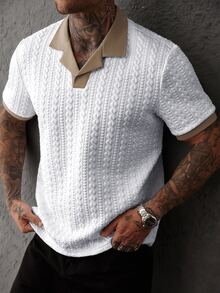 EGENSIO Men's Contrast Color Textured Short Sleeve Casual Polo Shirt - White - View 7