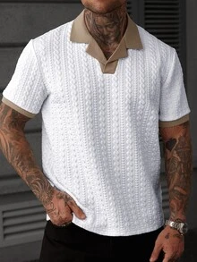 EGENSIO Men's Contrast Color Textured Short Sleeve Casual Polo Shirt - White - View 3