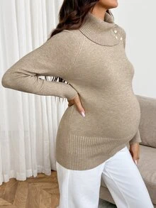SHEIN Maternity High Neck Split Design Long Sleeve Sweater Winter - Khaki - View 5