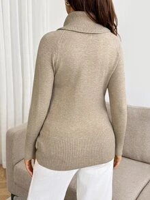 SHEIN Maternity High Neck Split Design Long Sleeve Sweater Winter - Khaki - View 4
