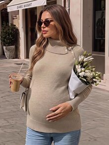 SHEIN Maternity High Neck Split Design Long Sleeve Sweater Winter - Khaki - View 8