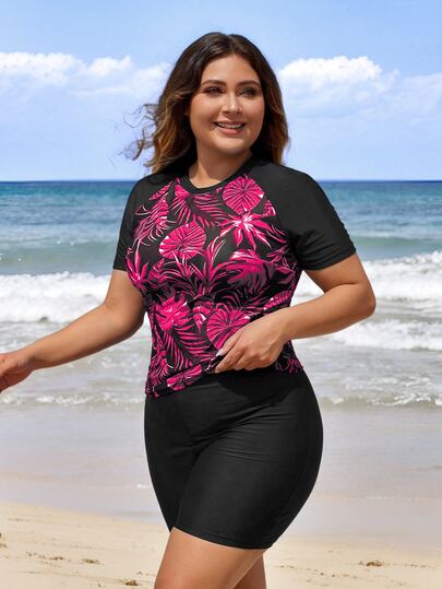 Swim Lushoire Plus Size Women's Beach Vacation Turtle Leaf Print Tankini Pink Leopard Summer Tropical Black Modern Matching Streetwear Conservative Filipiniana