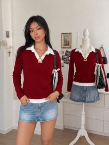 IslaSuriya 女士撞色休闲修身长袖上衣 - 酒紅色 - 查看 2